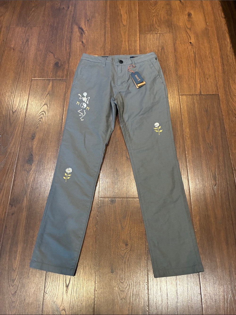 Roark Gray Chino Pants with Embroidered Floral & Skeleton Motifs